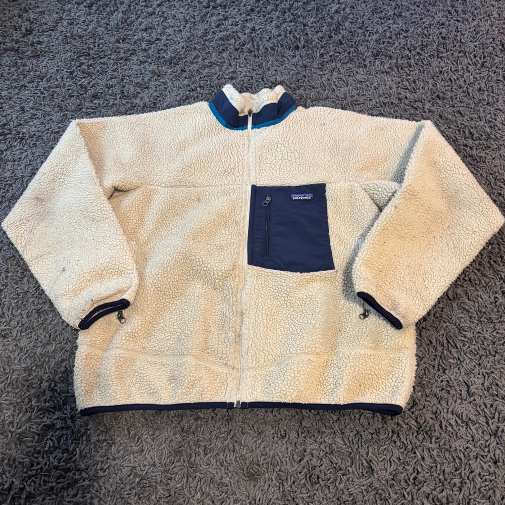 Patagonia Men's Fleece Jacket L Cream Full Zip Retro Deep Pile